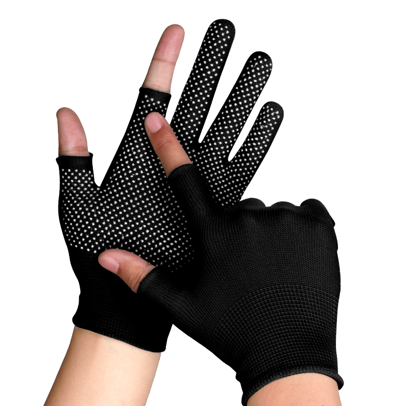 Maozheng Fingerless Gloves, 10 Pairs, Anti-Slip Wear-Resistant, for Couriers Sorting Packing Work, Cycling Fishing, Two-Finger Nylon, Dotted Black