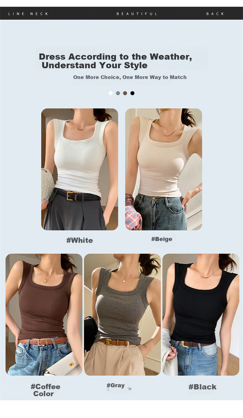 LangSha Square Neck Padded Tank Top for Women, Integrated Chest Pad, Racerback, Side Coverage, Slim Fit, Wide Shoulder Base Layer Shirt for Inner and Outer Wear 11