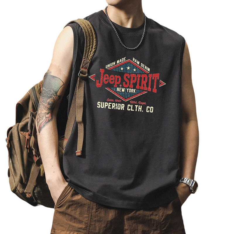 JEEP SPIRIT Men's American Vintage Sleeveless Vest Summer Lightweight Cotton Printed Tank Top Gray L