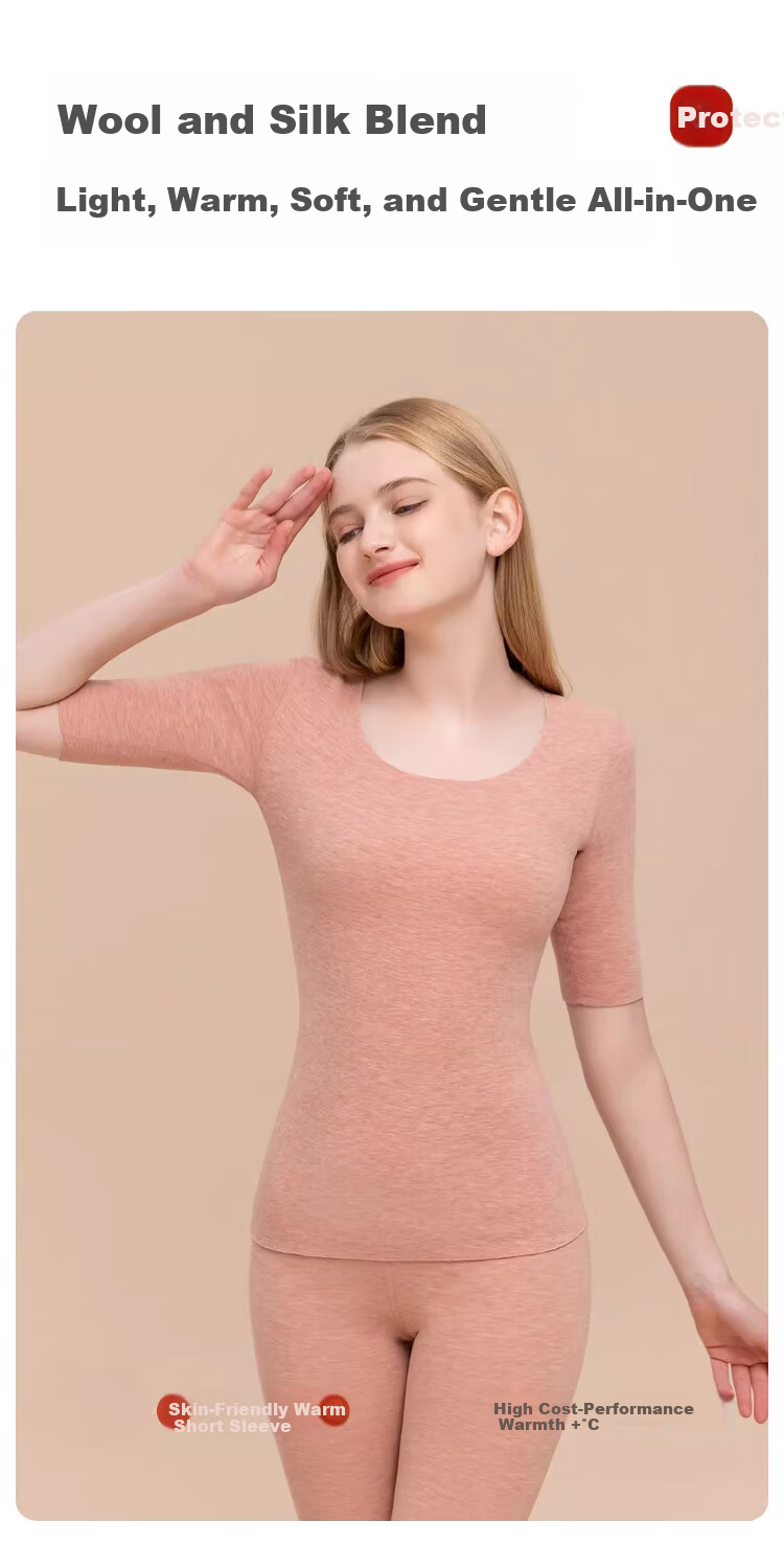 Caiyue Women's Warm Short Sleeve Wool and Silk Seamless Thermal Fleece Vest Five-Point and Seven-Point Sleeve Base Layer Top 8