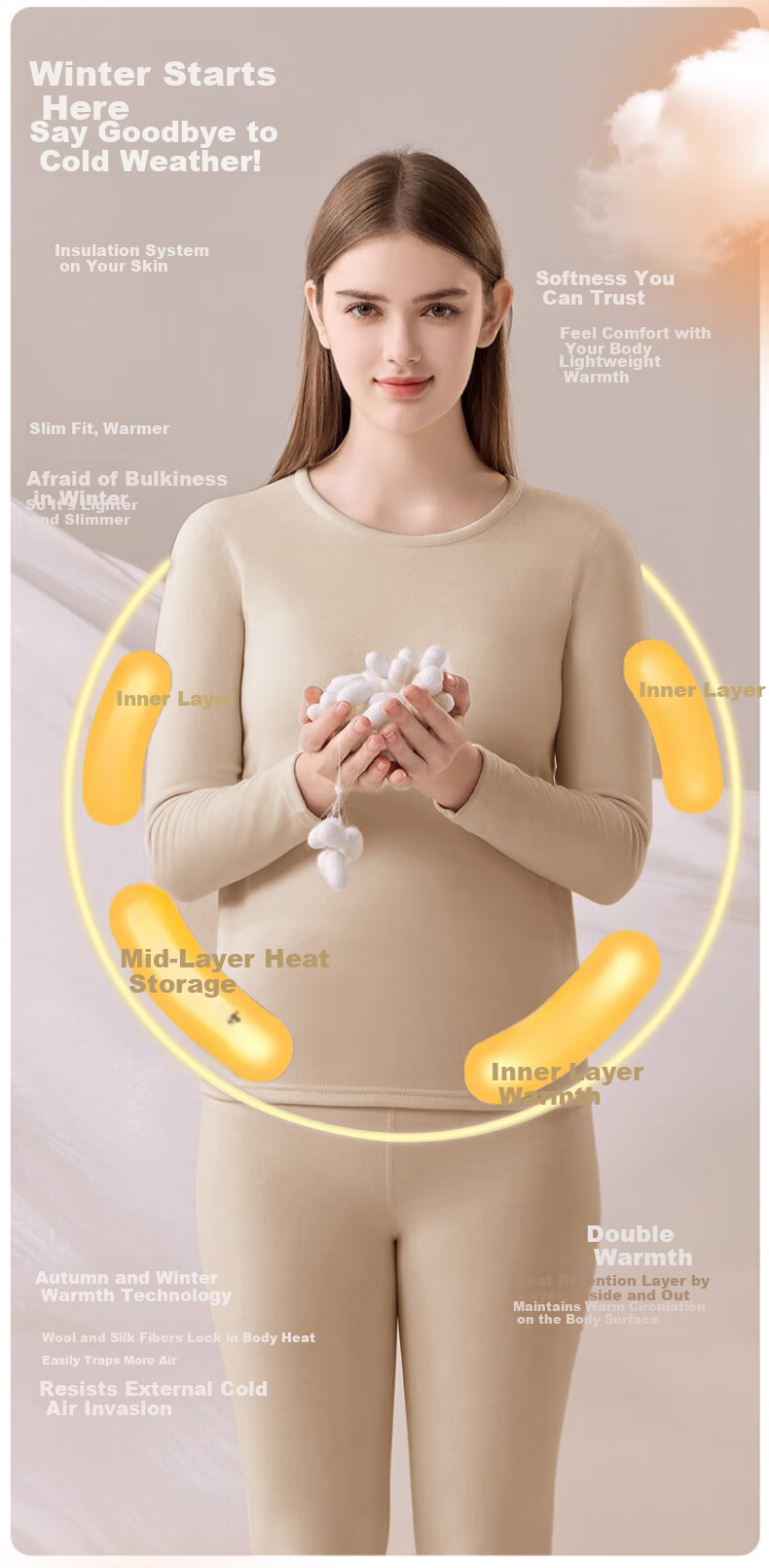 BOPRUIEY Women's Thermal Underwear Set Wool Silk 7A Antibacterial Mite-Resistant Autumn Top and Bottom Base Layer Light Green 10