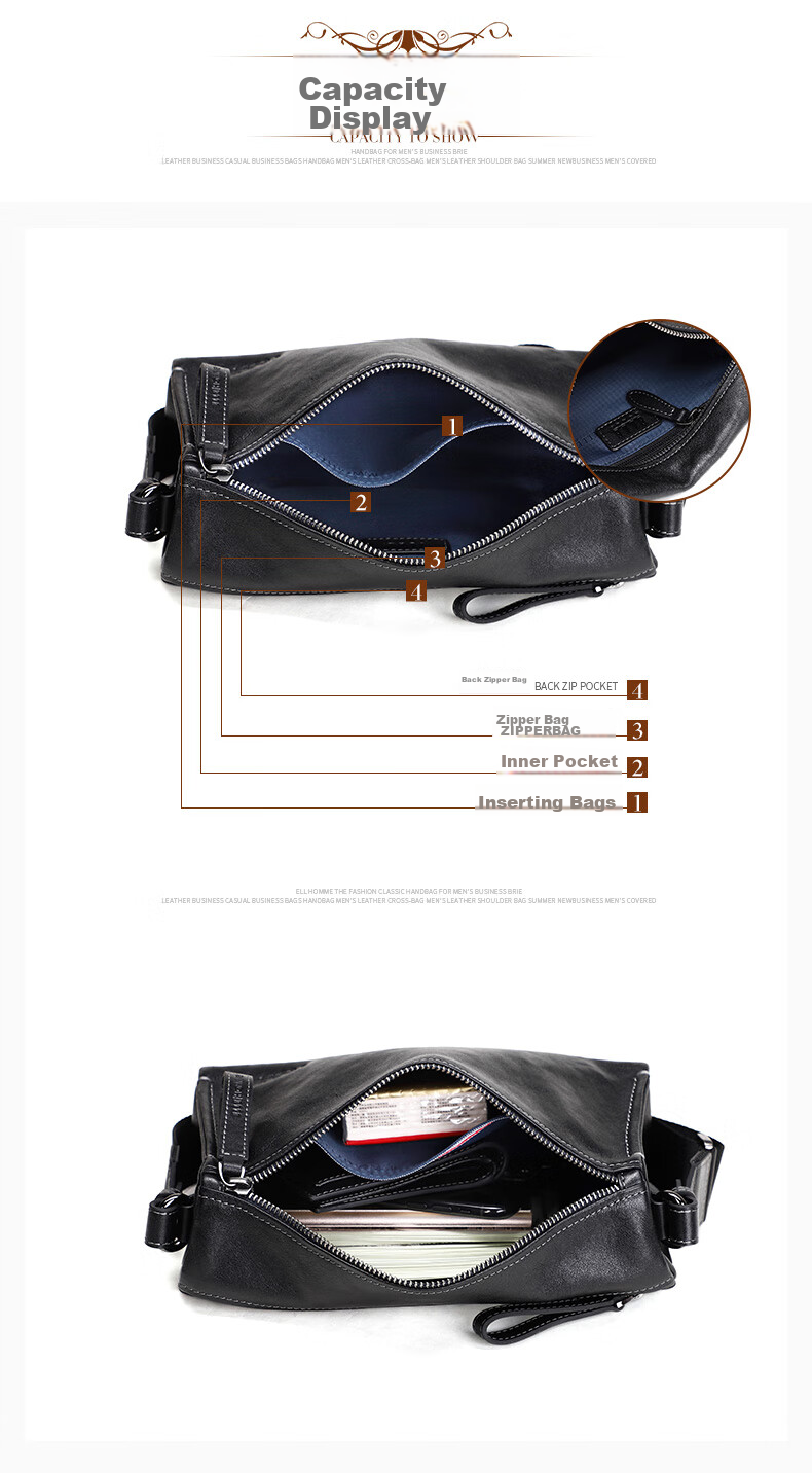 ELLE HOMME Men's Crossbody Bag, Fashionable Genuine Leather Shoulder Bag, Casual Large-Capacity Small Satchel Cowhide Men's Bag 206730 Black Birthday Gift for Boyfriend 10