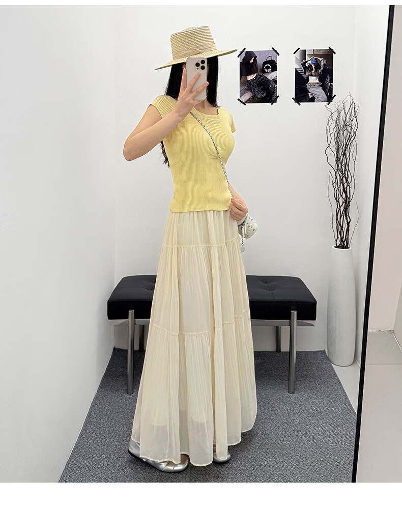 Langsha Pleated Mesh Midi Skirt for Women Spring Summer Draped Chiffon Cake Skirt High Waist Slim A-Line Flared Skirt 29