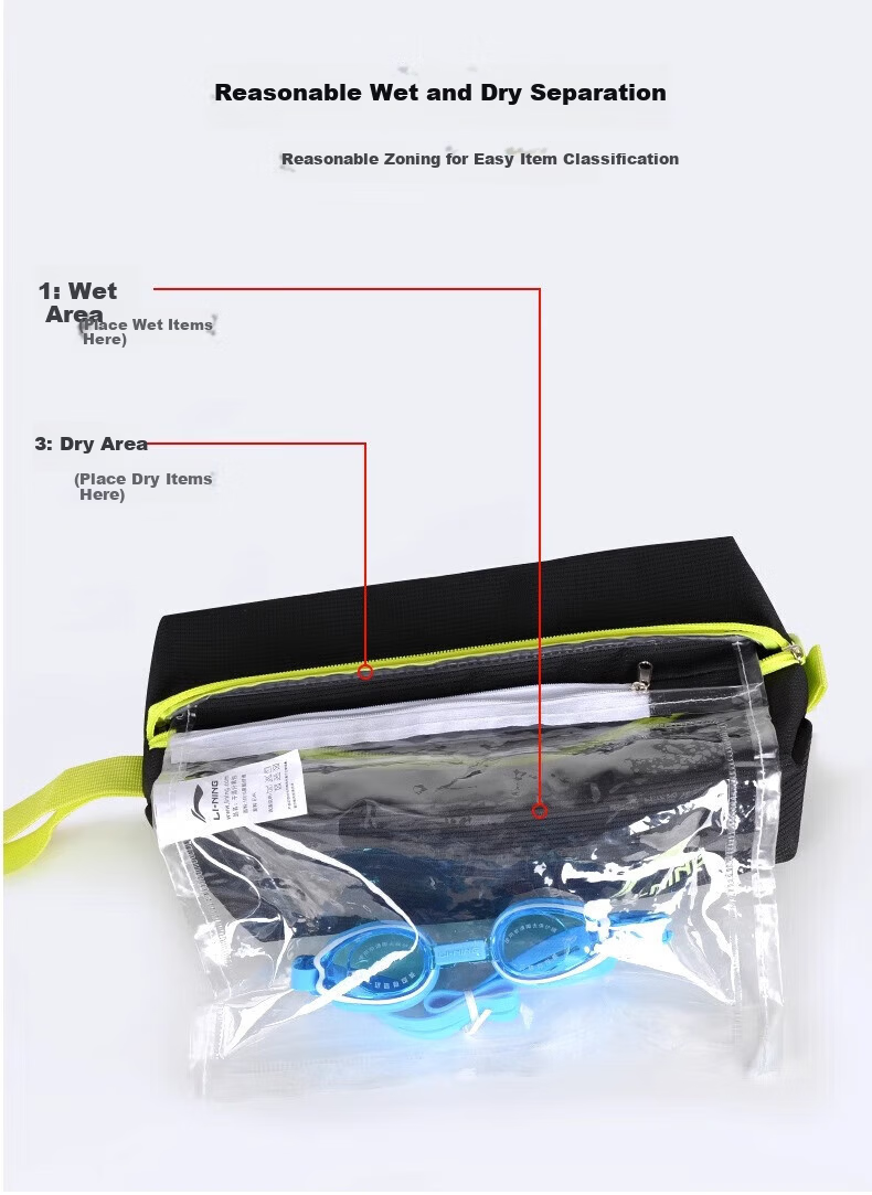 LI-NING Waterproof Swim Bag Dry and Wet Separation Beach Bag Large Capacity Toiletry Storage Bag Swimming Gear 7