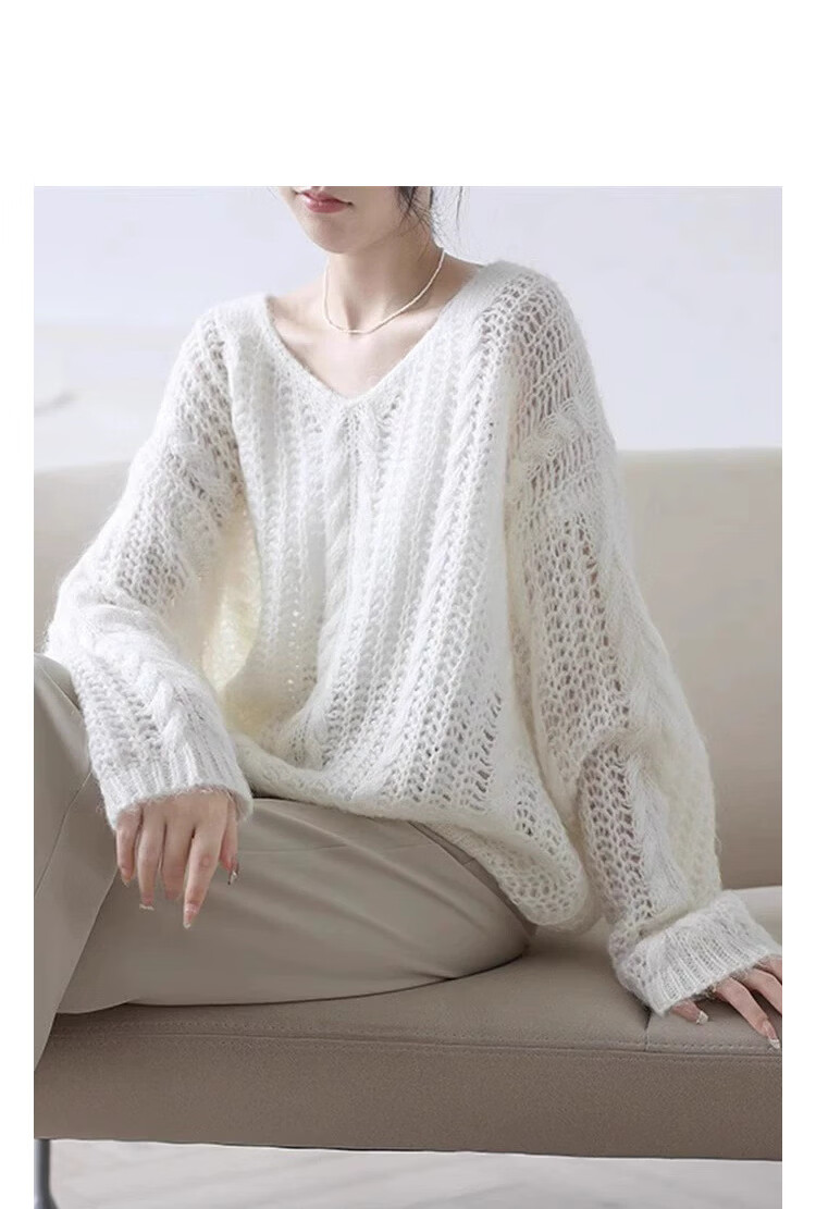Demana [With Merino Wool] Spring Breathable V-Neck Hollow Jacquard Loose Slim Fit Soft Stretch Knit Sweater for Women Premium Quality 10