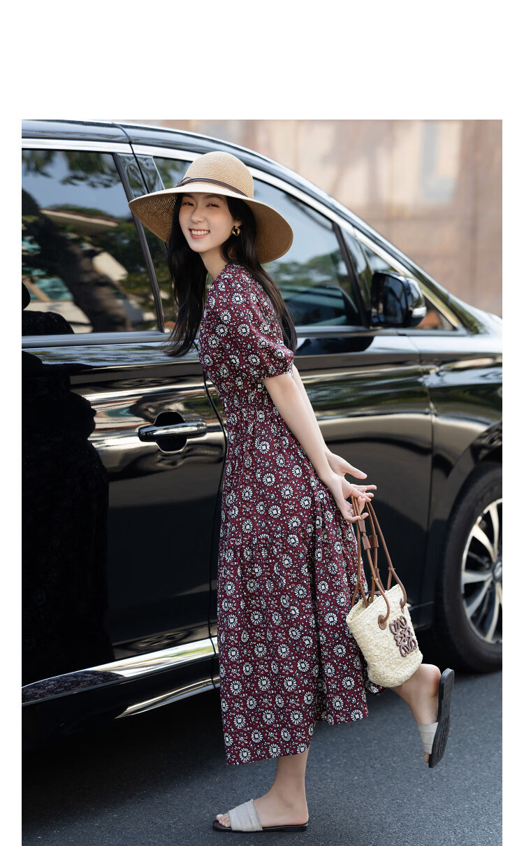Demana Gentle Pure Cotton Summer Elegant Style Round Neck Printed Tower Pleated Waist Slimming Dress for Women Premium Quality 10