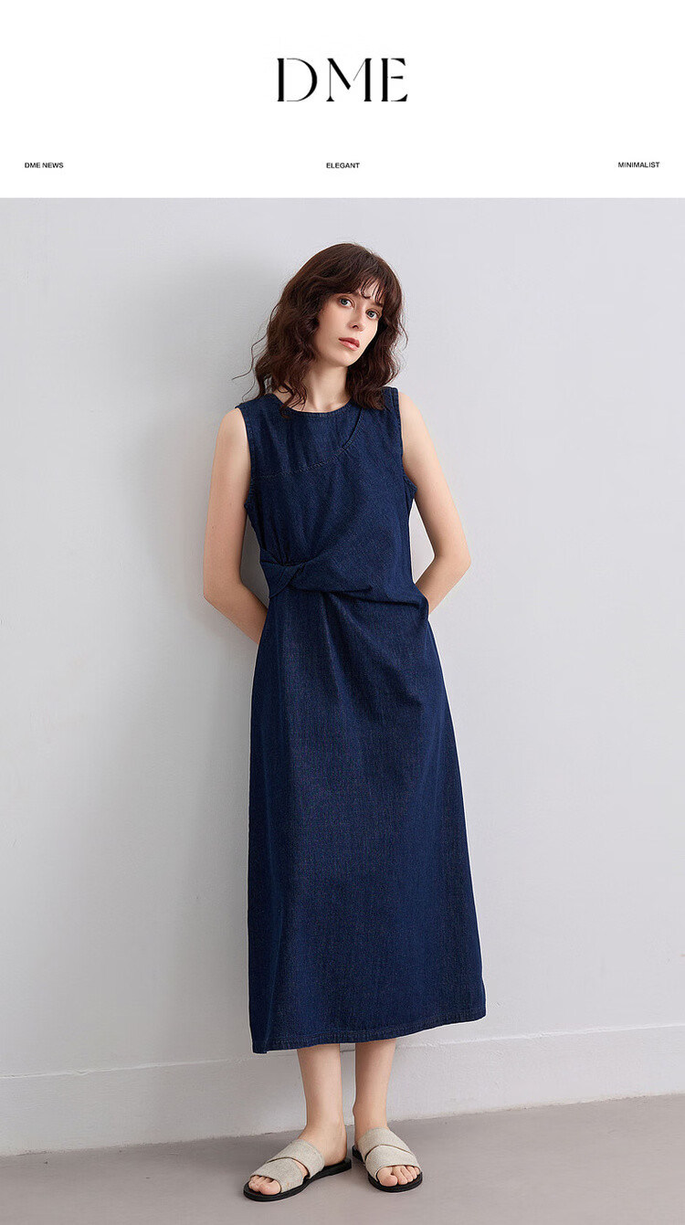 Demana [Denim Filter] Summer Vintage Round Neck Sleeveless Pleated Waist Slimming Mid-Length Denim Dress for Women 1
