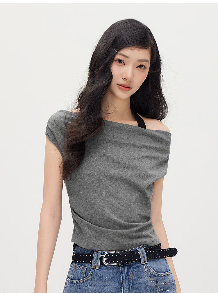 Semir Women's Summer Short Halter Neck Slim Fit Fake Two-Piece T-Shirt 2026 Stylish Sexy Top 109326100041 11