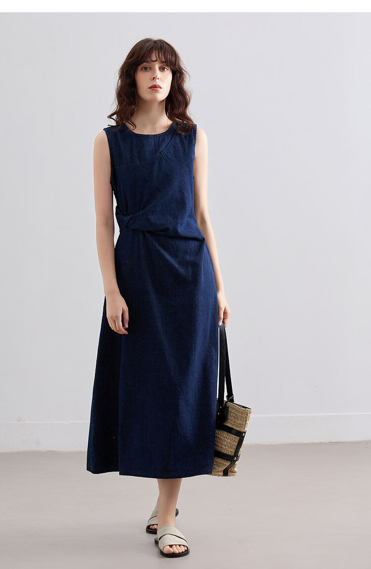 Demana [Denim Filter] Summer Vintage Round Neck Sleeveless Pleated Waist Slimming Mid-Length Denim Dress for Women 17