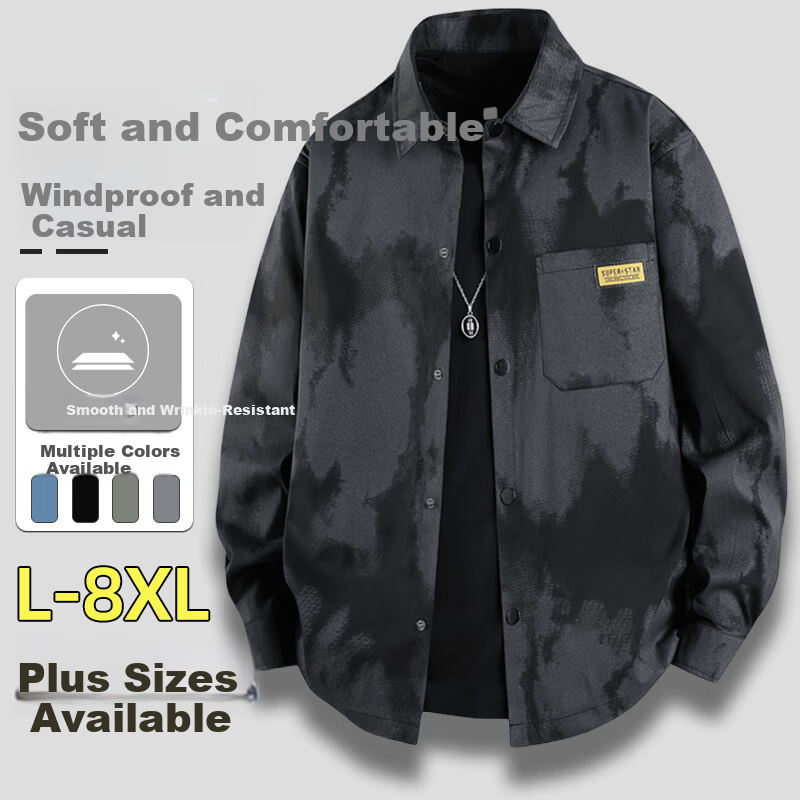 Top Youth Men's Long Sleeve Shirt Spring Autumn Plus Size Loose Casual Thin Printed Tie-Dye Shirt Black 2XL