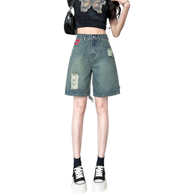 Jeanswest Women's Ripped Denim Shorts Summer Thin High Waist Slim Wide Leg Mid-Length Jade Green L