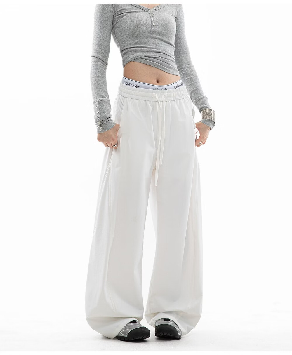 ICH MODE Women's American Style Straight White Pants Summer Loose Popular Cargo Pants Sports Pants Wide Leg Casual Pants Black S 14