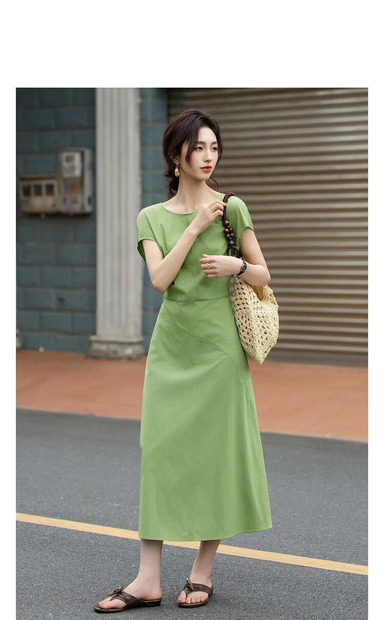 Demana Minimalist Urban Summer Comfortable Cotton-Blend Stretch Round Neck Waist-Slimming Petite Dress for Women High-End Feel 4