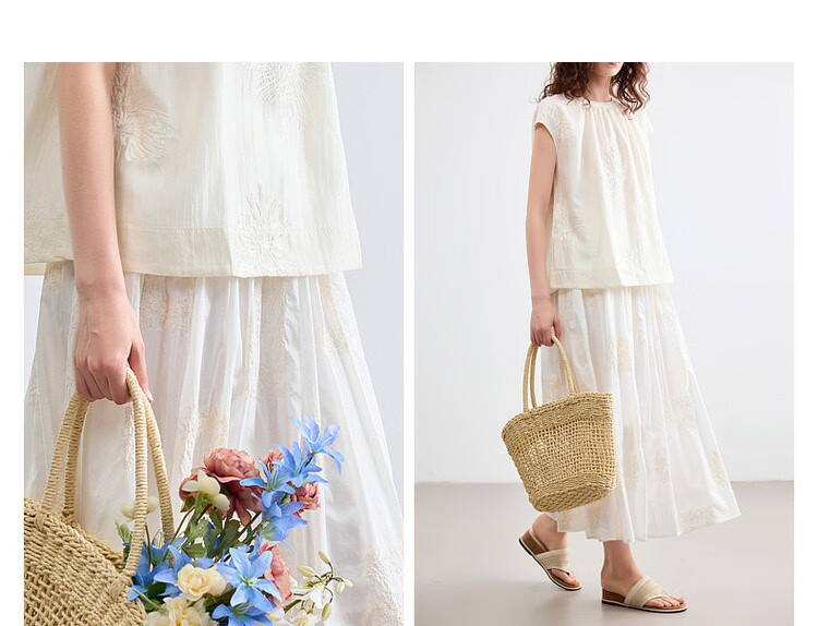 Demana Pure Cotton Poetry Summer Vintage Color-Block Embroidered Elastic Waist Slimming Mid-Length Skirt for Women 6