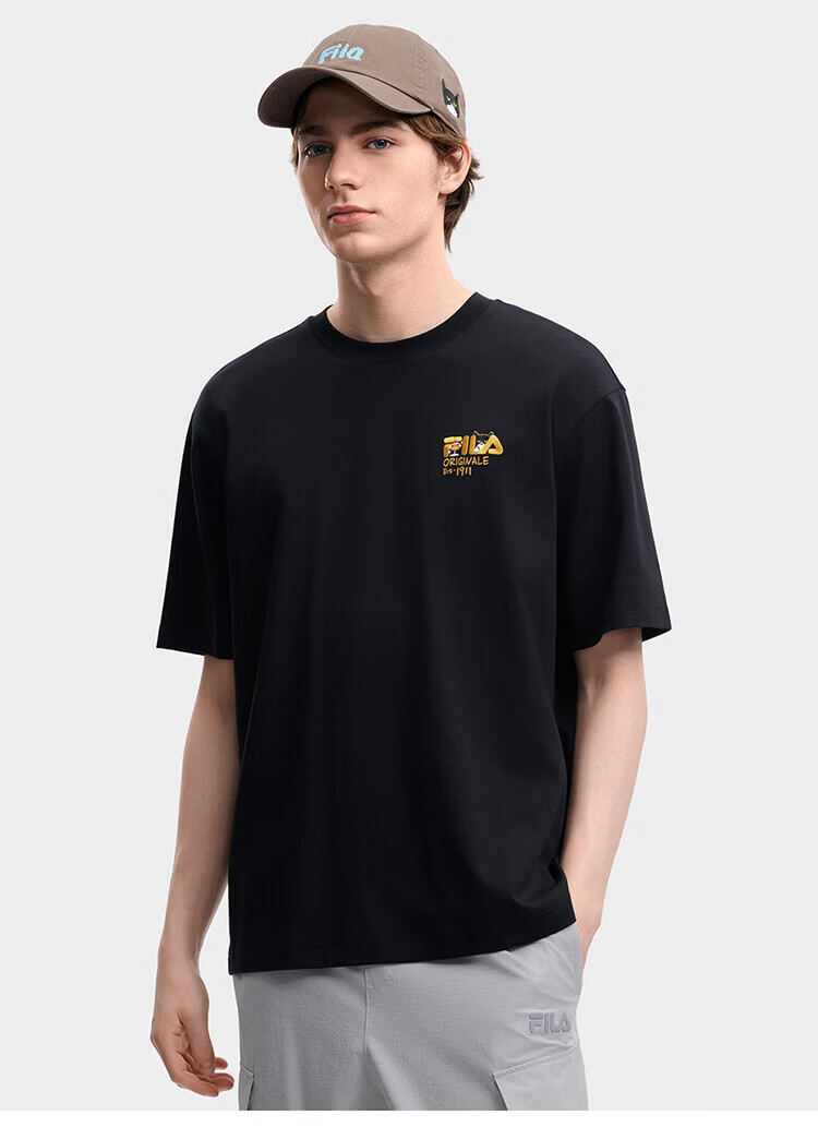 FILA Official Couple's Knitted Short Sleeve Shirt 2026 Summer Fashion Casual Unisex Loose Cat Embroidery T-Shirt 59
