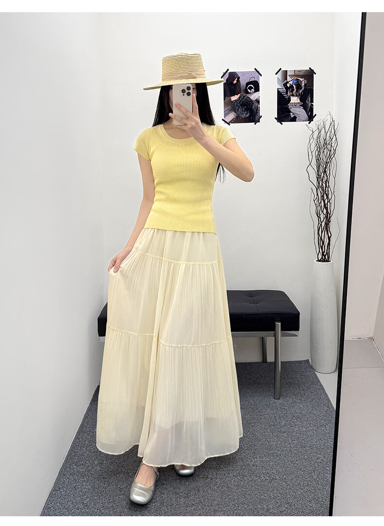 Langsha Pleated Mesh Midi Skirt for Women Spring Summer Draped Chiffon Cake Skirt High Waist Slim A-Line Flared Skirt 27