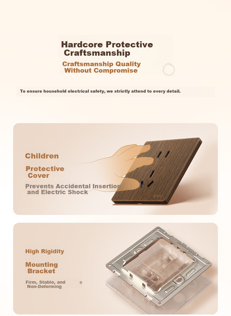 BULL Vintage Switch Socket Acrylic Ultra-thin Panel Five-hole 10A+16A G70Z227 Walnut Color 14