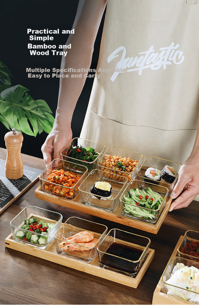 CRISTALGLASS Sectioned Dipping Sauce Dish Snack Platter Home Use Dish Hot Pot Sauce Dish Seasoning Dish Oil and Vinegar Dish with Tray Gold Rim Glass Bowls 6pcs + Six-Compartment Bamboo Tray 3