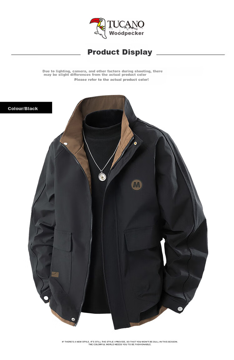 TUCANO Men's Spring Autumn Loose Jacket Stand Collar Casual Retro Workwear Black XL 4