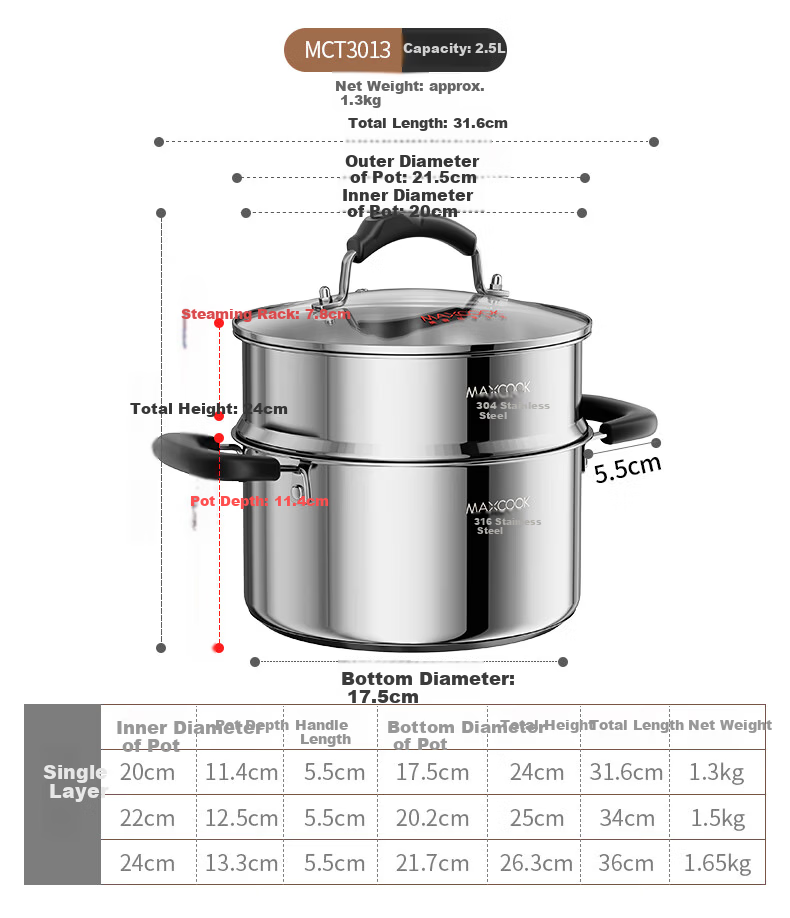 MAXCOOK 20cm 316 Stainless Steel Double-Layer Soup Pot Steamer MCT3013 14
