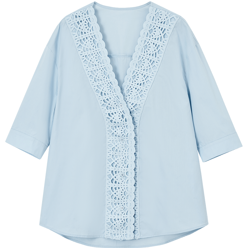 Demana Pure Cotton Breathable Poetic Summer Artistic Fresh Lace Spliced V-Neck Short Sleeve Shirt for Women