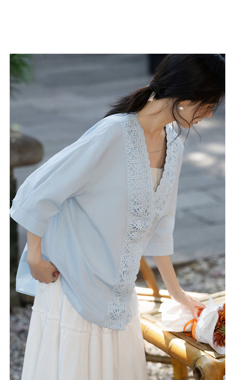 Demana Pure Cotton Breathable Poetic Summer Artistic Fresh Lace Spliced V-Neck Short Sleeve Shirt for Women 12