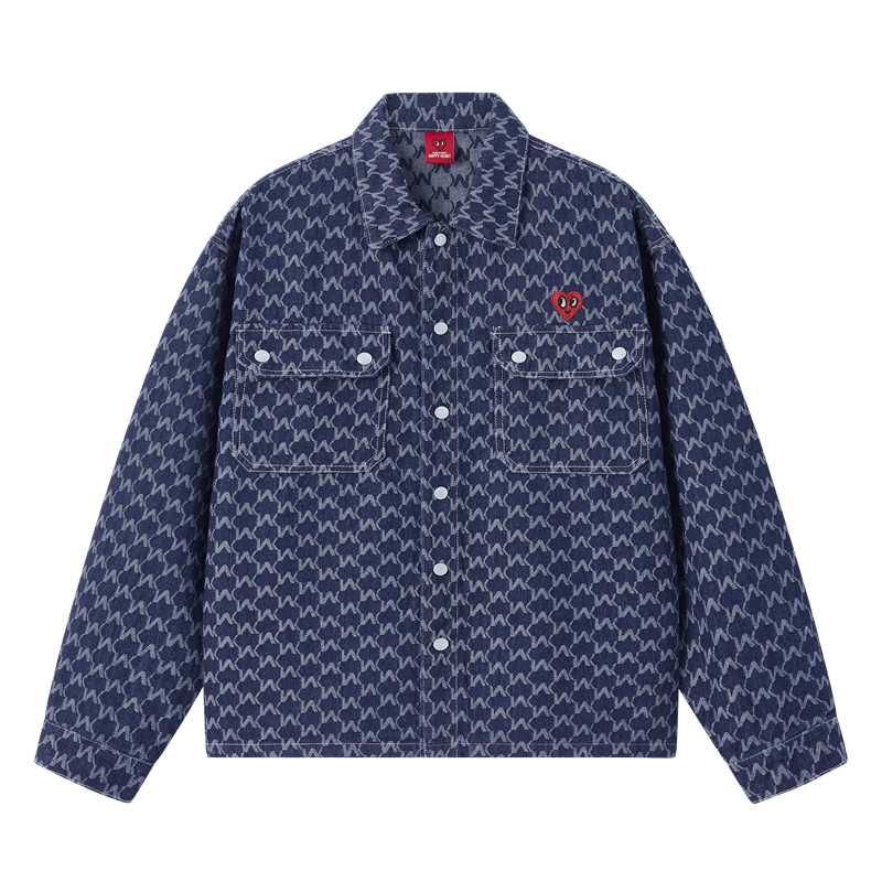 Charles Peach Heart [Wang Churan Same Style] American Vintage All-Over Jacquard Denim Jacket Men Hip-Hop High Street Couple Coat XL