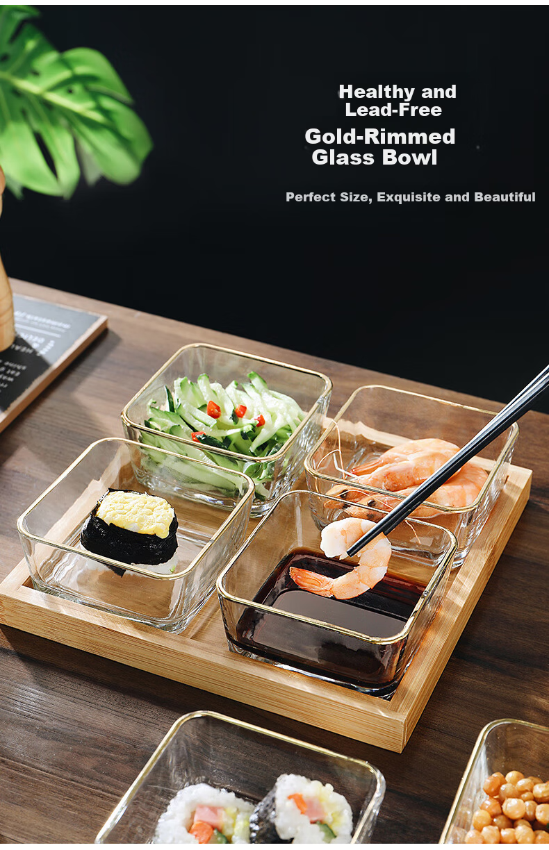 CRISTALGLASS Sectioned Dipping Sauce Dish Snack Platter Home Use Dish Hot Pot Sauce Dish Seasoning Dish Oil and Vinegar Dish with Tray Gold Rim Glass Bowls 6pcs + Six-Compartment Bamboo Tray 4