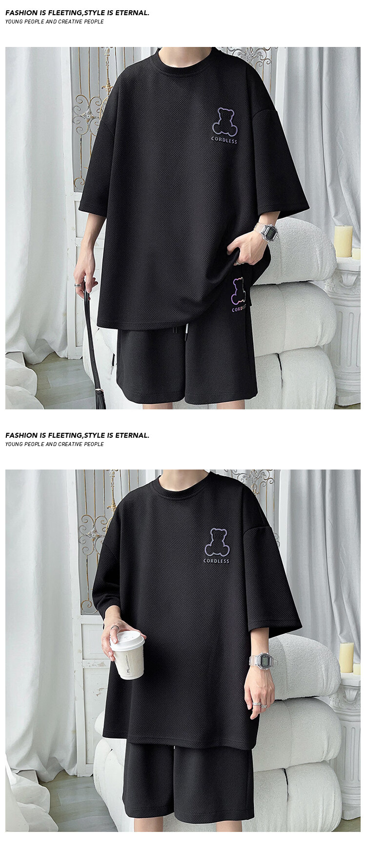 Wassup Sohot Ice Silk Short Sleeve T-Shirt Men's Set New Summer Large Size Loose Half Sleeve Shorts Two-Piece Set Apricot L 10