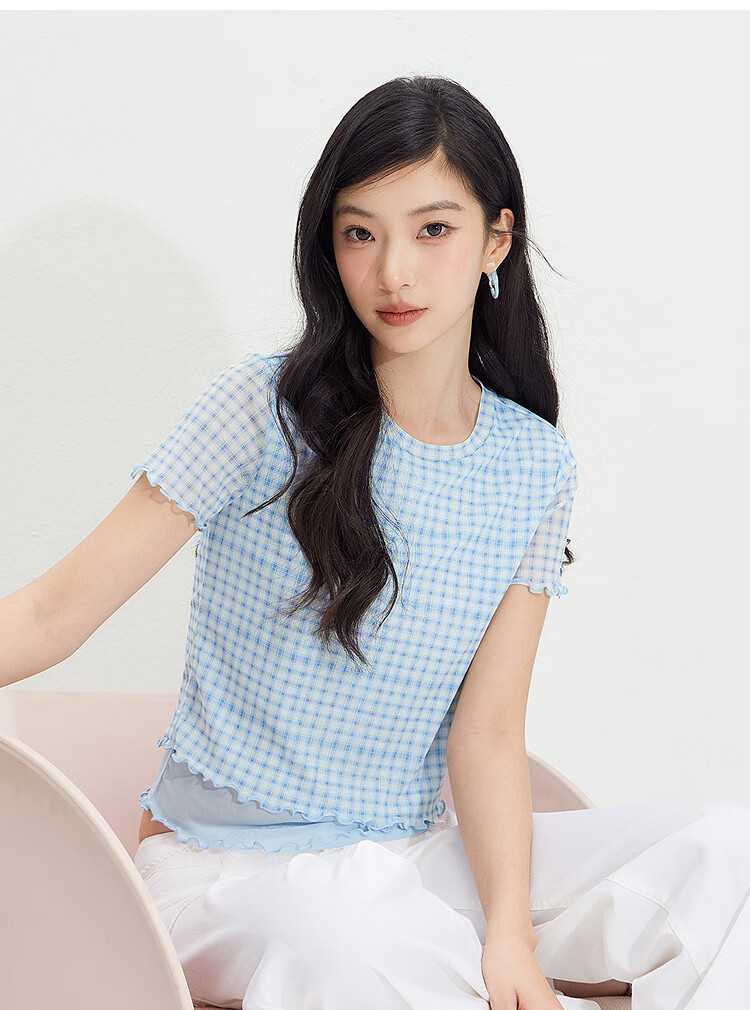 Semir Women's Short Sleeve T-Shirt Summer Short Plaid Mesh Fake Two-Piece Slim Fit 2026 Design Top 109326100013 15