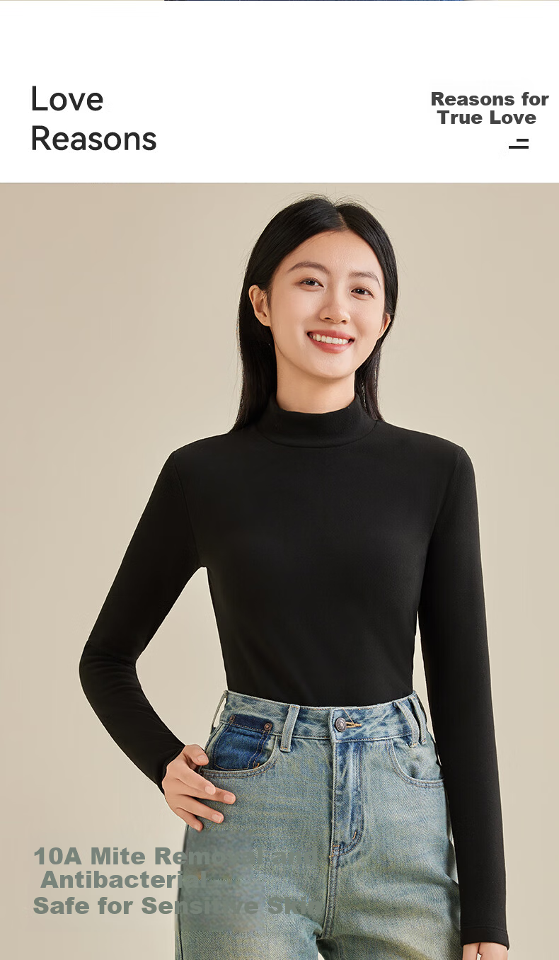 BOPRUIEY Camellia Oil Moisturizing Semi-Turtleneck Base Shirt 10A Antibacterial Mite-Repellent Women's Thermal High Elastic Soft Slim Fit Top 10