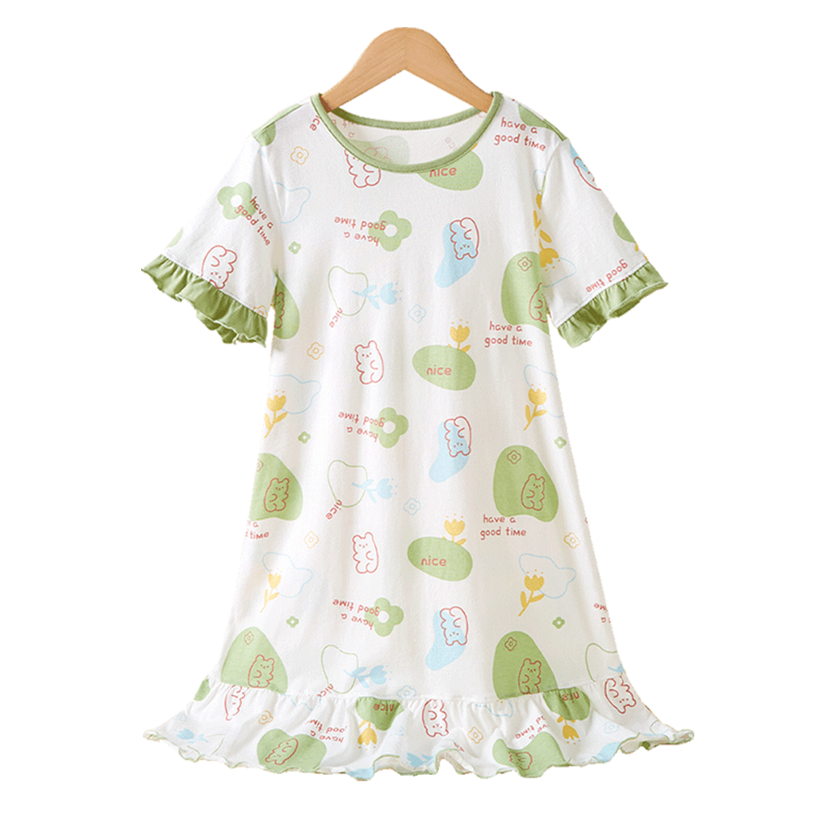 DEESHA [7A Antibacterial] Girls' Nightgown, Princess Style, Pure Cotton, Lightweight And Breathable, for Summer, Suitable for Older Children, One-Piece Dress