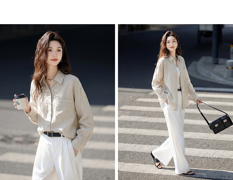 Demana [with Linen Lyocell] Spring Simple Lapel Large Pocket Loose Slimming Concealing Shirt for Women High-End Feel 14