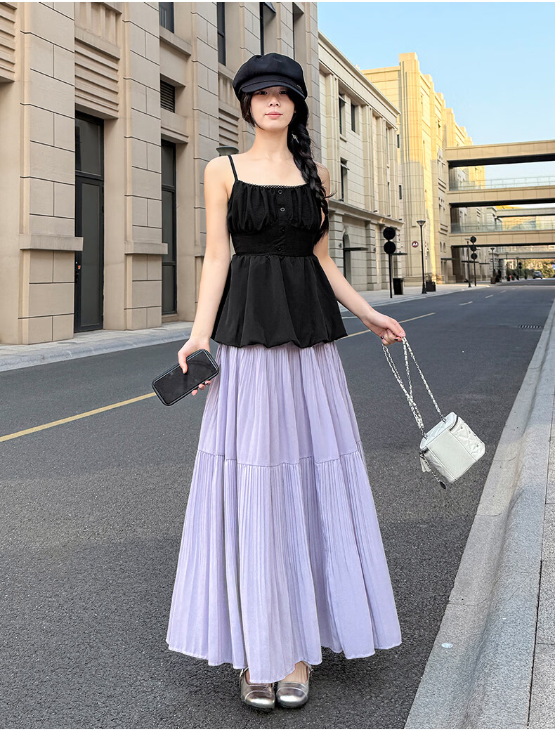 Langsha Pleated Mesh Midi Skirt for Women Spring Summer Draped Chiffon Cake Skirt High Waist Slim A-Line Flared Skirt 24