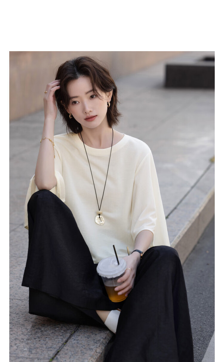 Demana [Lyocell] Summer Elegant Round Neck Three-Quarter Bell Sleeve Loose Slim Fit Petite T-Shirt for Women Premium Quality 10