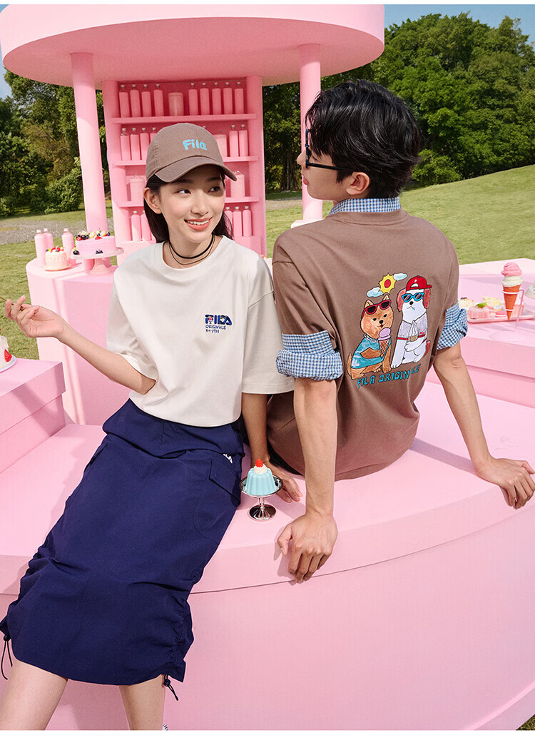 FILA Official Couple's Knitted Short Sleeve Shirt 2026 Summer Fashion Casual Unisex Loose Cat Embroidery T-Shirt 24