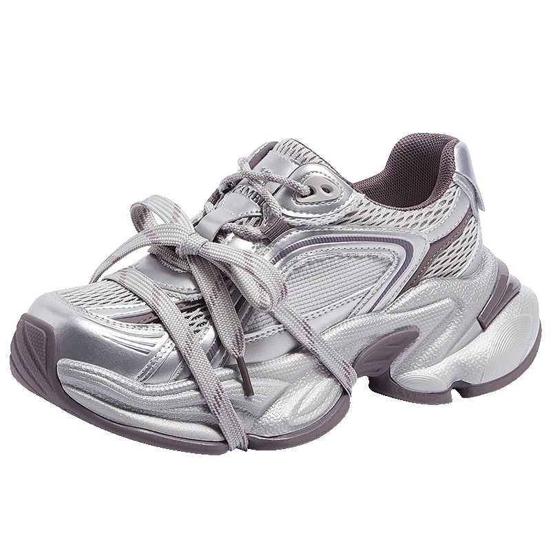 CAMEL Silver Star Dad Sneakers Women Mesh Patchwork Height Increasing Casual Shoes L26S283083W Silver/Purple (Breathable Mesh) Size 37