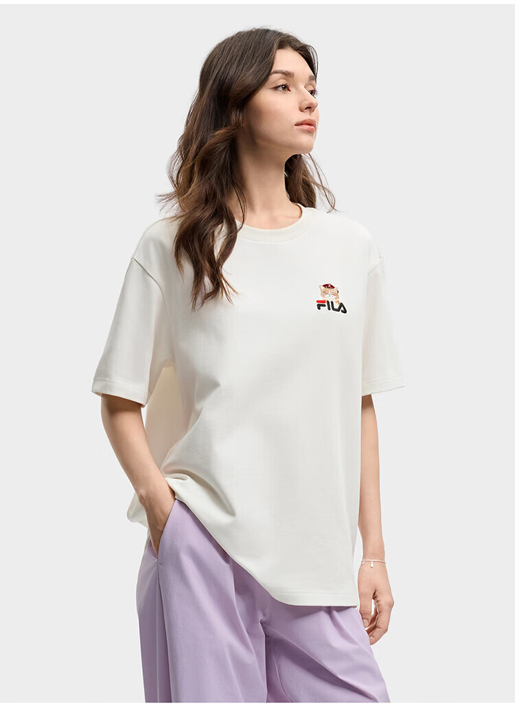 FILA Official 2026 Summer Couple Short Sleeve T-Shirt Casual Loose Fit Cotton Cat Knit Tee 90