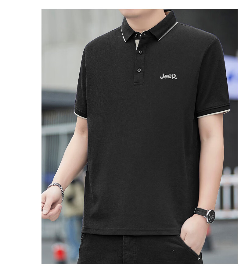 JEEP Polo Shirt for Men, Summer Breathable Short-Sleeve, Turn-Down Collar Quick-Dry T-Shirt, Business Father's Day Gift, Black, 3XL 16