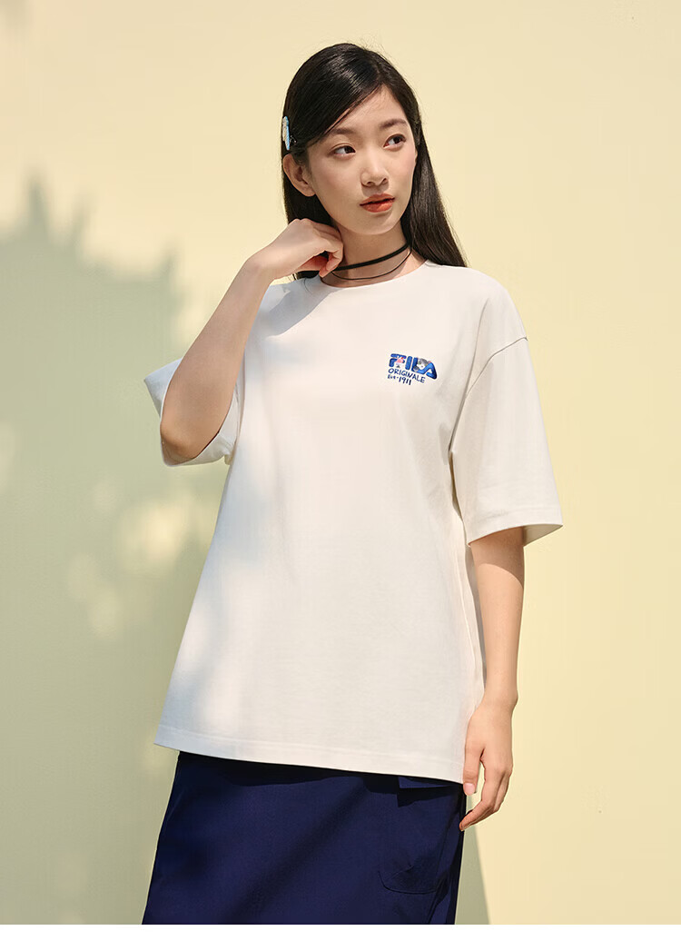 FILA Official Couple's Knitted Short Sleeve Shirt 2026 Summer Fashion Casual Unisex Loose Cat Embroidery T-Shirt 49