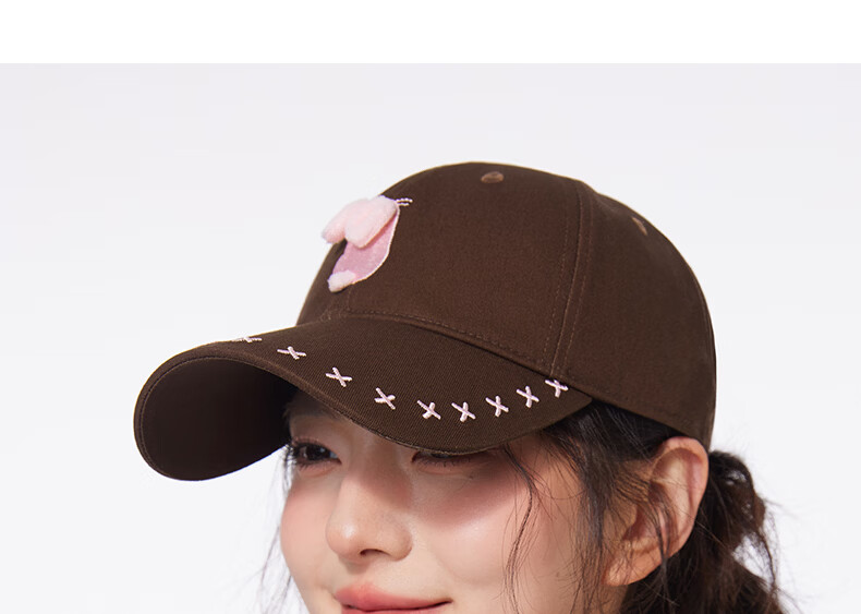 CACUSS Women's Duckbill Cap Spring Summer Cute Embroidered Little Rabbit Pure Cotton Soft Top Baseball Cap Playful Youthful Face-Slimming Dark Brown 16