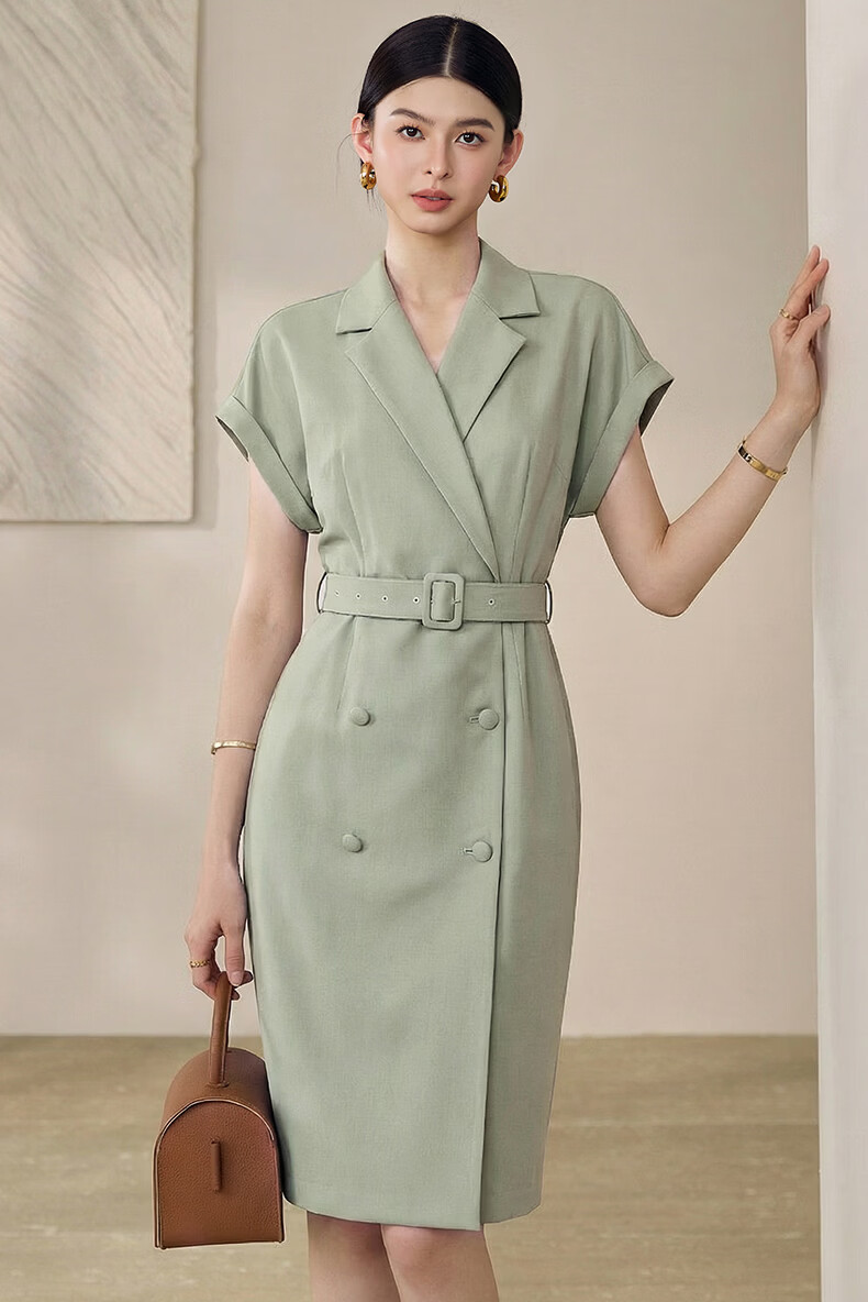 ROEYSHOUSE Tie-Waist Waist-Cinching Dress for Women Summer Elegant Textured Blazer Dress 06473 Bean Green S 2