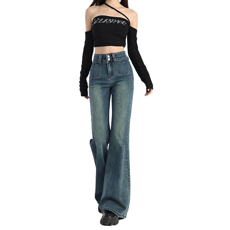 Romon High Waist Slimming Women's Summer Denim Wide Leg Flared Jeans Retro Blue M