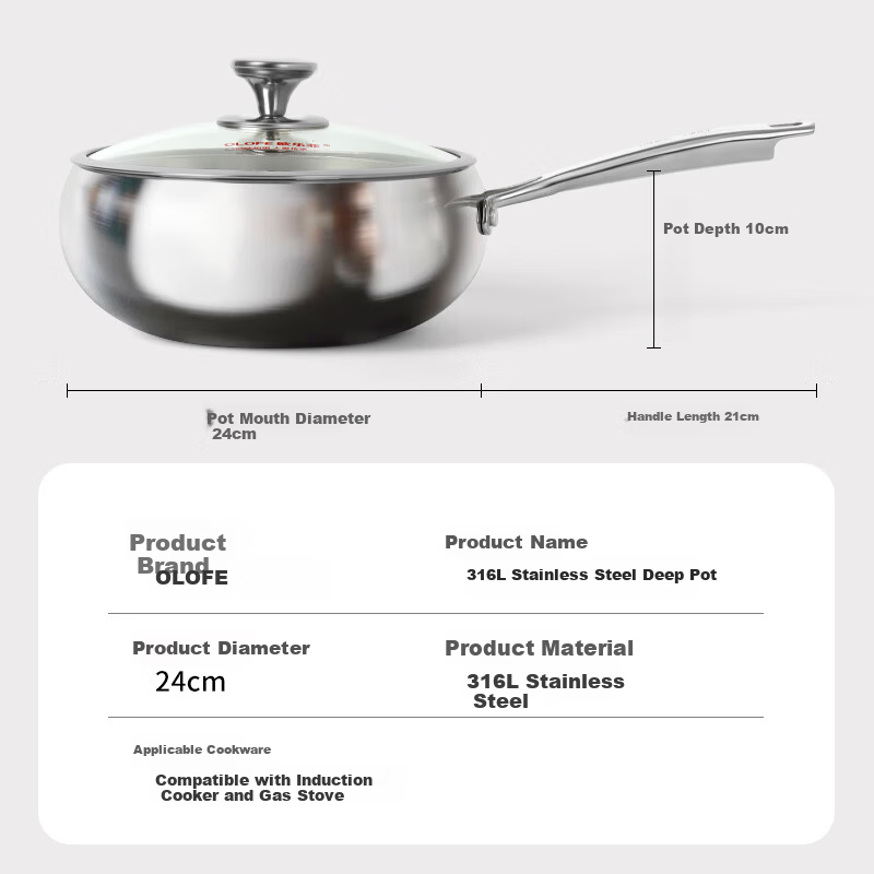 OLOFE 316L Stainless Steel Thickened Large Belly Wok Old Guandong Seventh Generation Mirror Finish No Coating Hammered Small Stir-Fry Pan 24cm