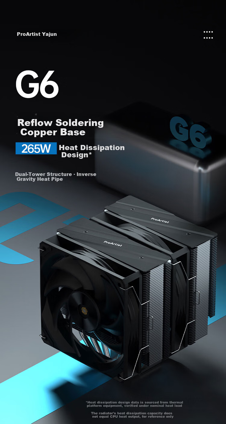 ProArtist G6 Dual Tower CPU Air Cooler 6 Heat Pipes Fan Speed Control Desktop Computer Cooler Compatible with Intel/AM5 1
