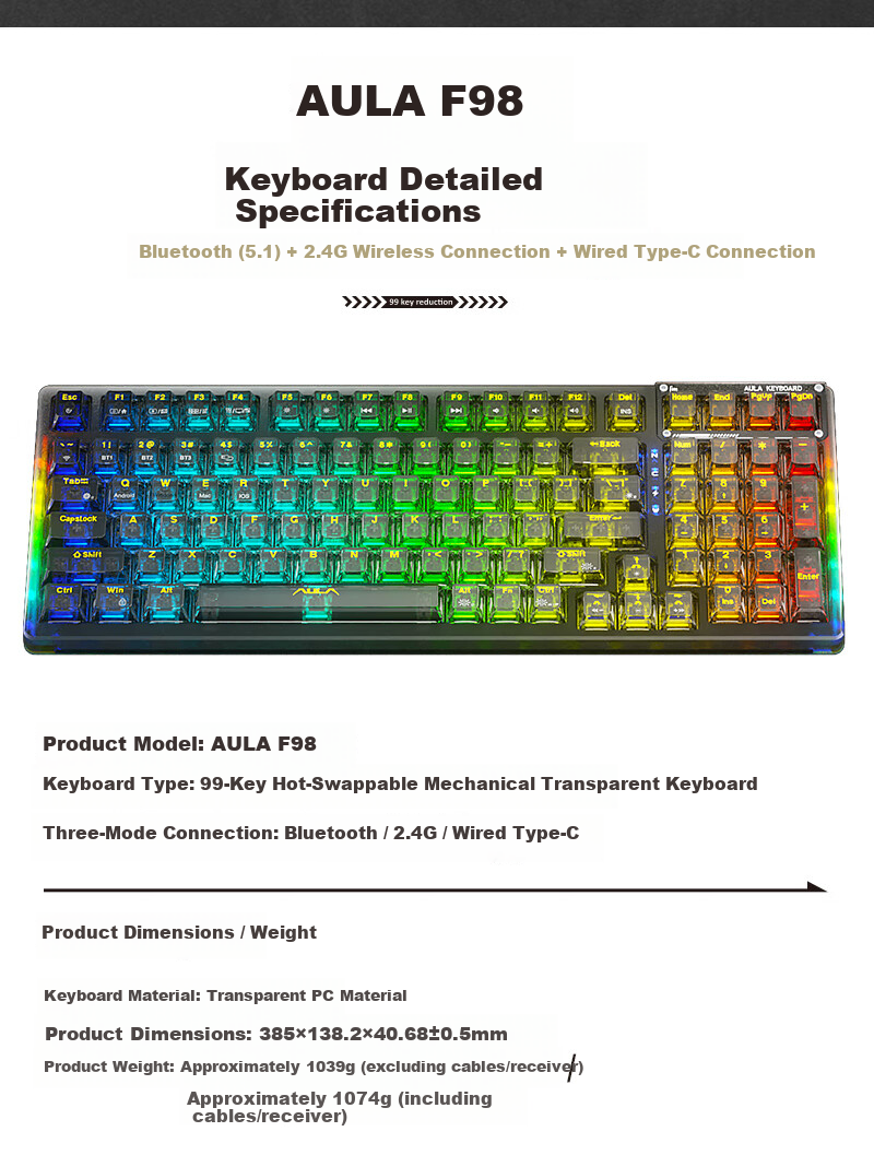 AULA F98ProV3 Custom Transparent Mechanical Keyboard 95-Key Hot-Swappable RGB Tri-Mode Wireless Wired Bluetooth Gasket Structure Gaming Pink Transparent Ice Spirit Switch 15