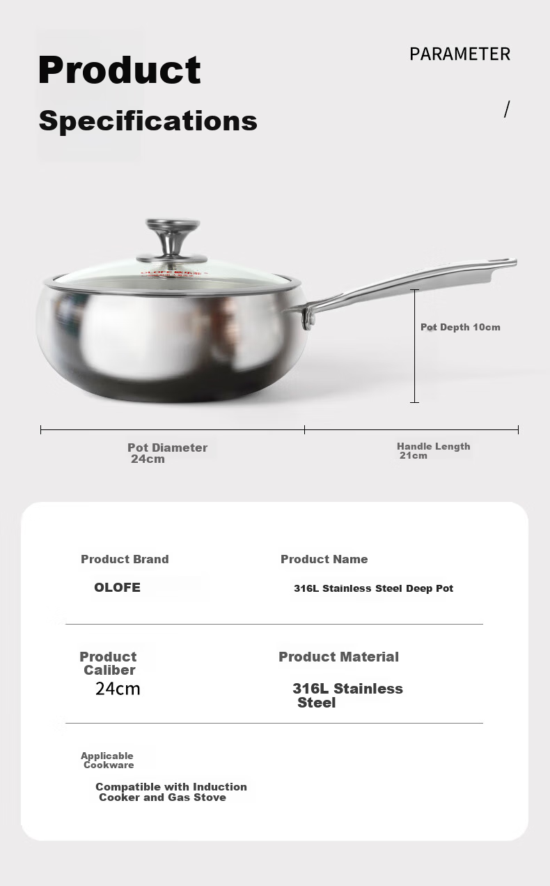 OLOFE 316L Stainless Steel Thickened Large Belly Wok Old Guandong Seventh Generation Mirror Finish No Coating Hammered Small Stir-Fry Pan 24cm 14