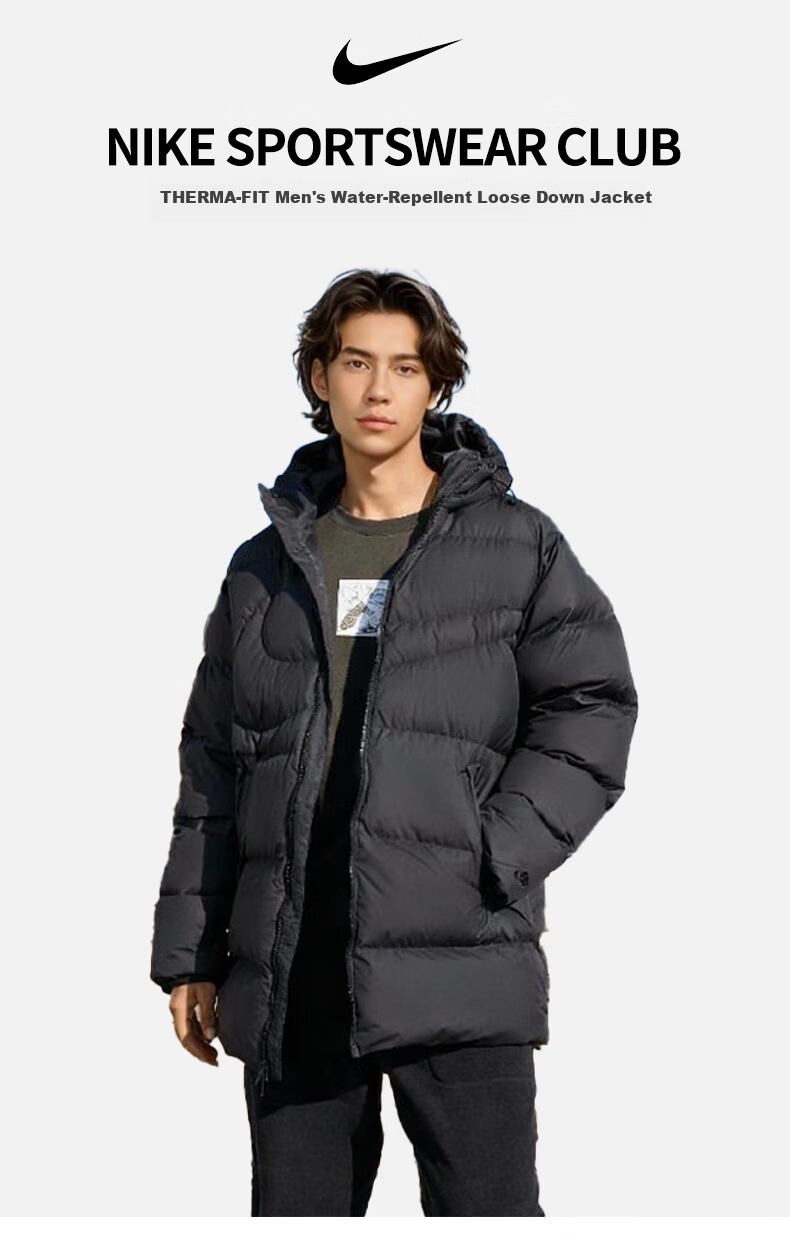 NIKE Men's Winter Long Hooded down Jacket, Sports Cold-Proof Coat DV1134-010 Black 2XL 1