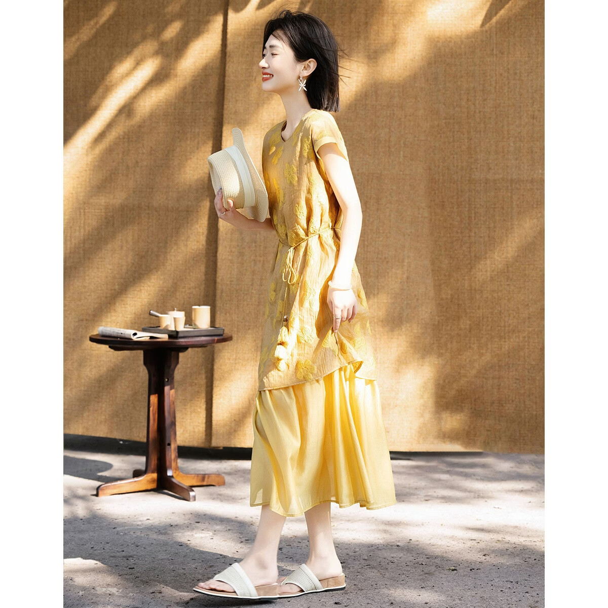 Demana Summer Elegant Floral Texture Tassel Waist Tie Loose Slim Shirt with Lyocell Hem Splicing for Women Premium