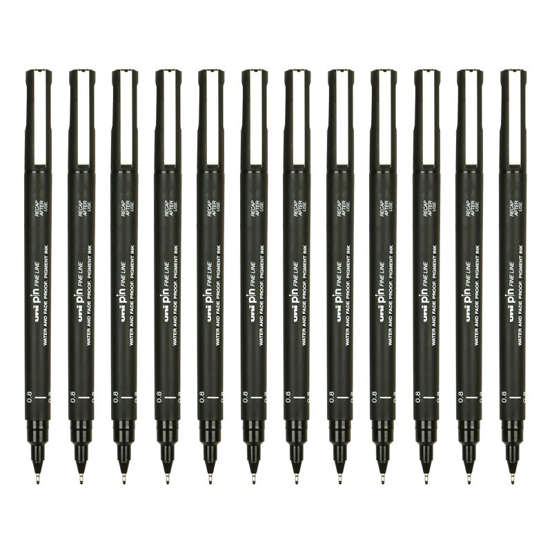 Uni Mitsubishi Water-Based Needle Tip Pen, 0.8mm Drawing Pen, Hand-Drawing Needle Tip Pen, Sketching Pen, Outlining Pen PIN-200, Pack of 12